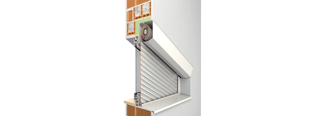 Rollladenkasten im Wandquerschnitt mit Aluminium-Rollladen und Dämmung